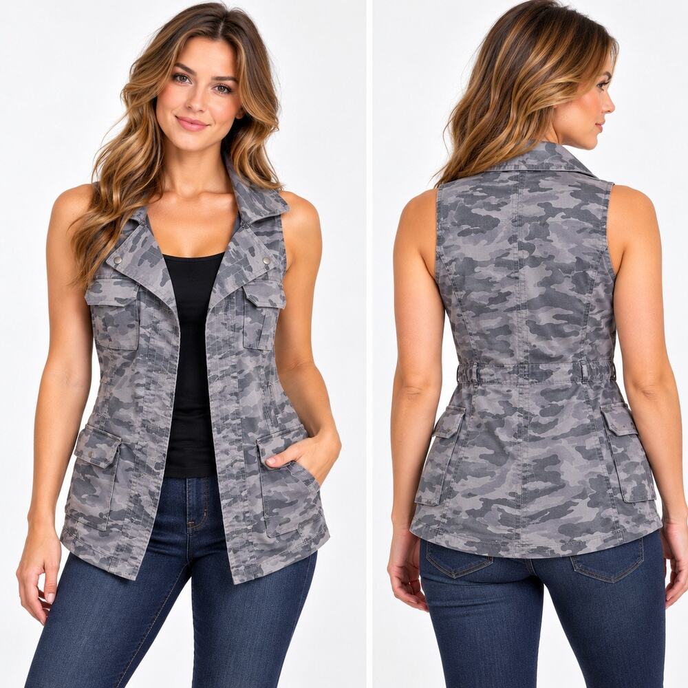 G.I.L.I. Got It Love It Womens Size 8 Gray Camo Split Collar Vest Pockets Denim